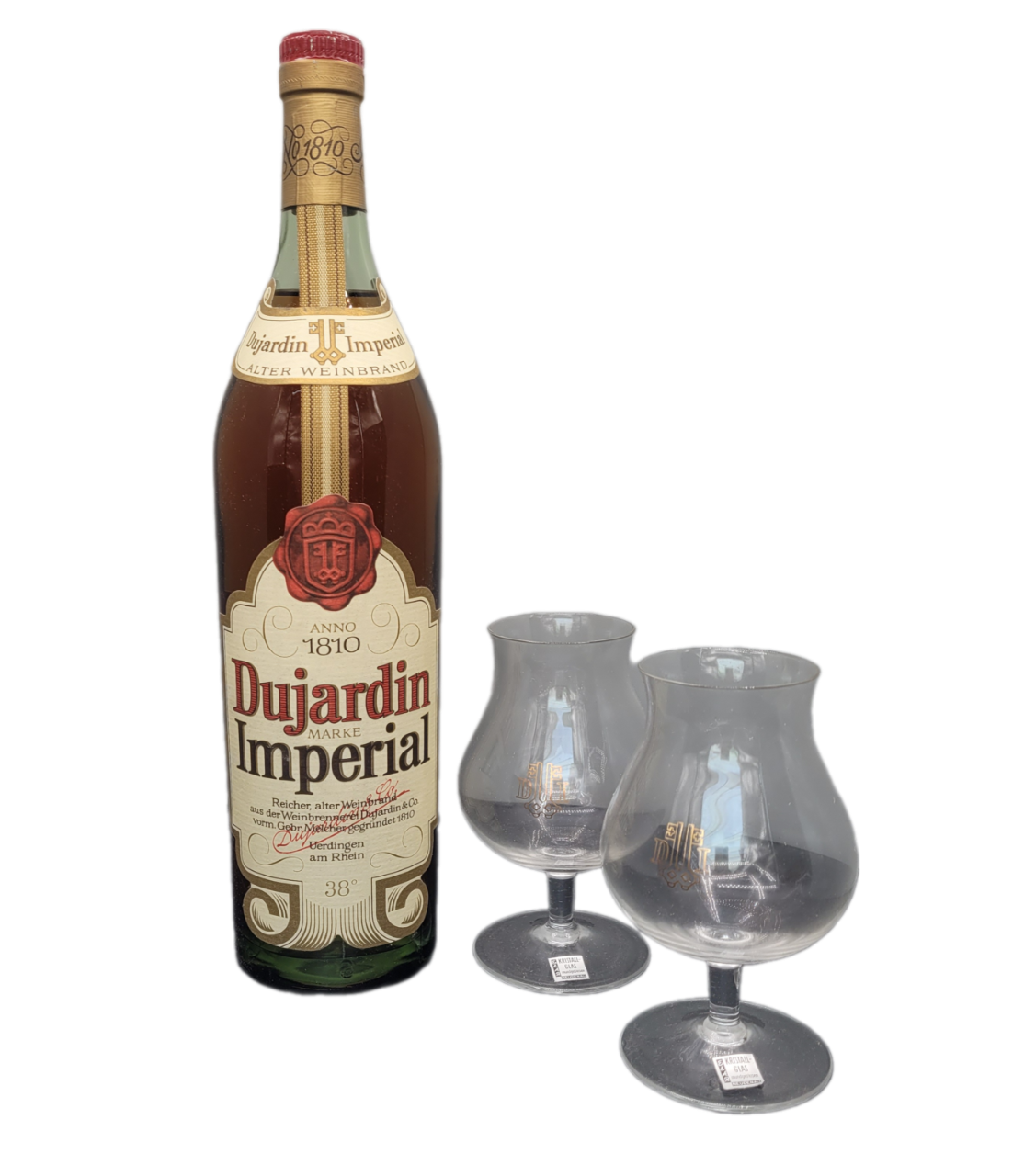 Dujardin Imperial Weinbrand 38% VOL. (1x0,7ltr.) SET inkl. 2 Original Dujardin-Weinband-Schwenker OVP