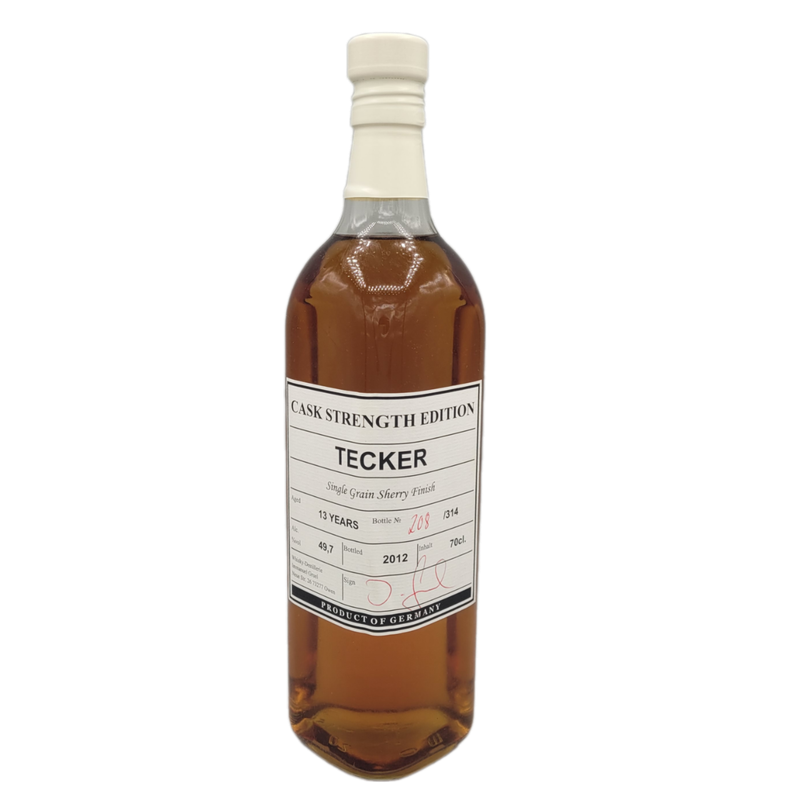Tecker 13 Jahre Cask Strength Single Grain Sherry Finish Whisky 49,7% VOL. (1x0,7ltr.) Bottle 208/314 Tecker 13 Jahre Cask Strength Single Grain Sherry Finish Whisky 49,7% VOL. (1x0,7ltr.) Bottle 208/314