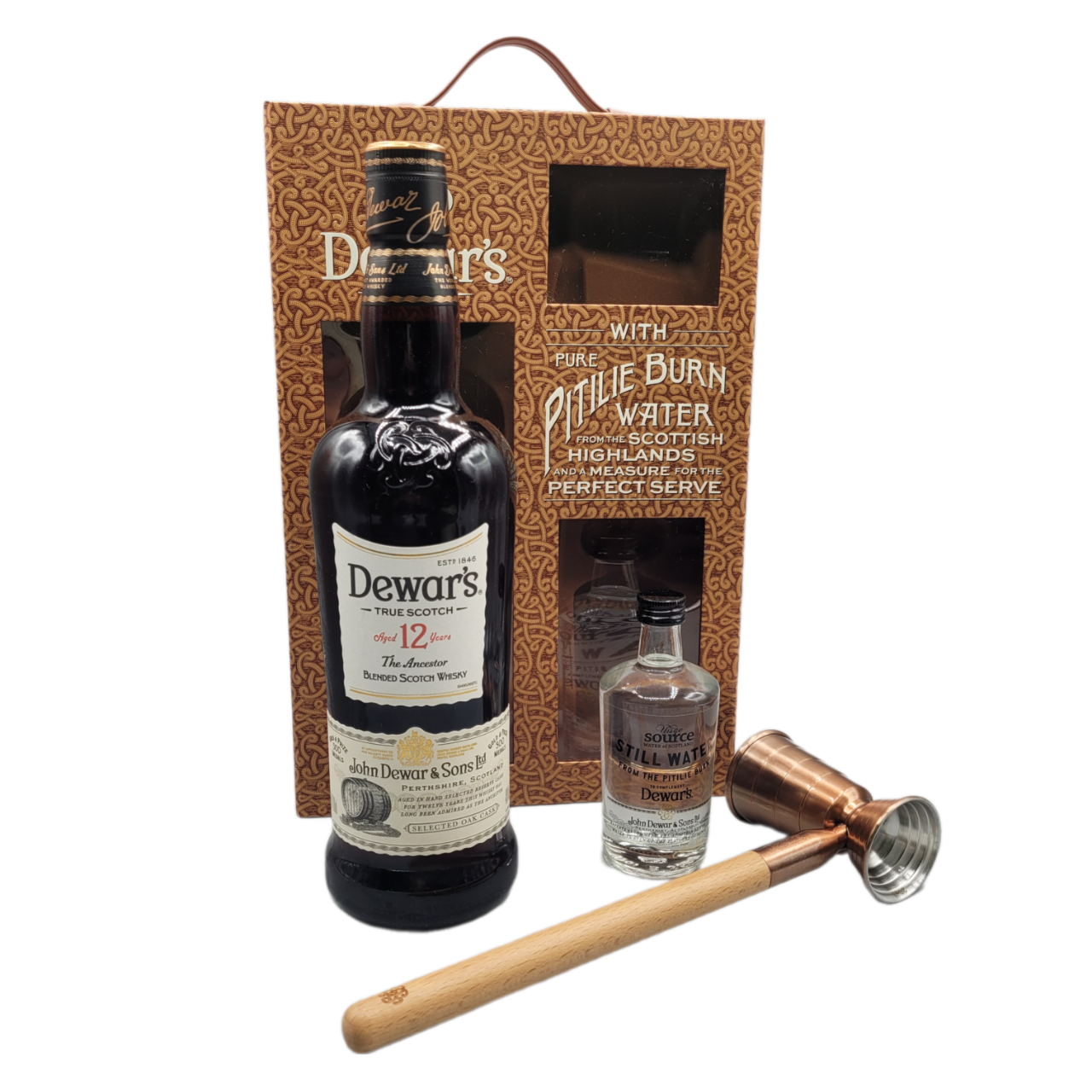 Dewar's 12 Jahre Blended Scotch Whisky 40% VOL. (1x0,7ltr.) inkl. Tafelwasser (95ml) + Jigger (Meßbecher) in Box mit Magnetverschluss SET