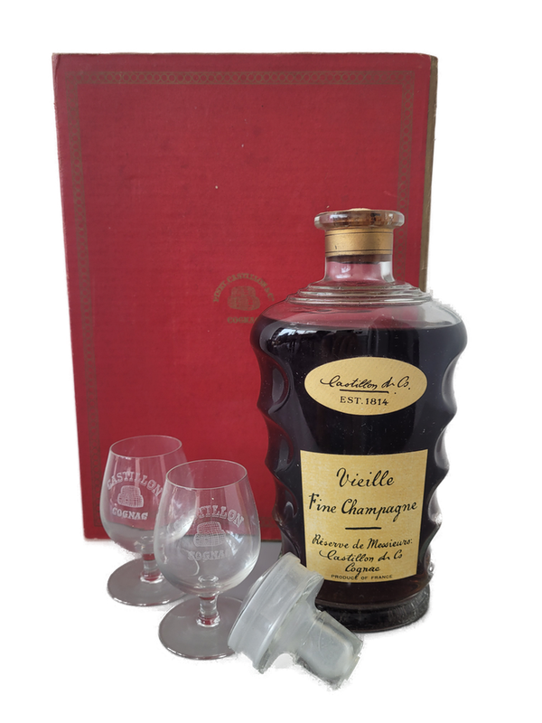 Castillon Vieille Fine Champagne Cognac (1x0,7ltr.) inkl. 2 Original-Gläser und Glas-Stopfen Original-Verpackung in Form von einem Buch