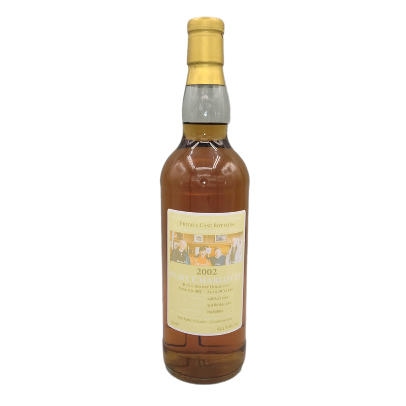 Port Charlotte 2002 Islay Single Malt Scotch Whisky 64,4% VOL. Private Cask Bottling 'The First Lords of Loch Indaal' Cask No. 009 Aged 10Y (1x0,7ltr.)