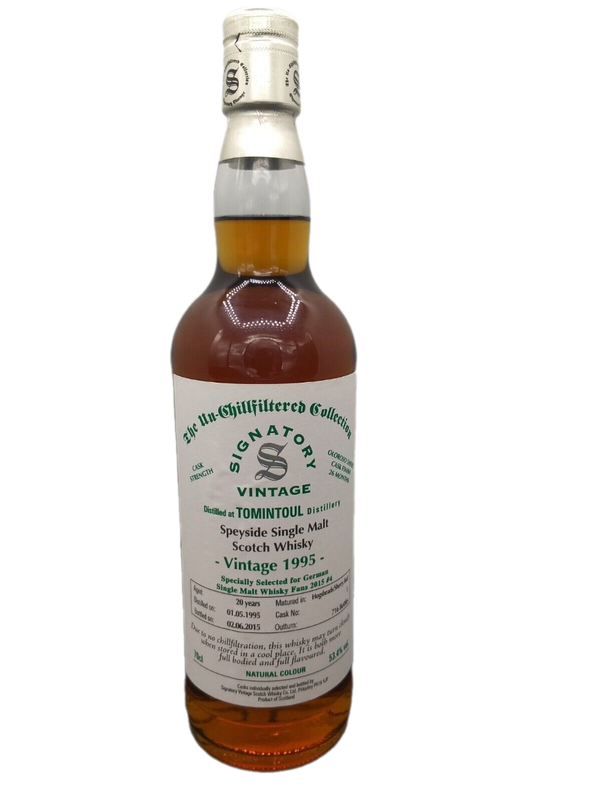 Signatory Vintage 1995 Tomintoul 20 Jahre Speyside Single Malt Scotch Whisky 53,4% VOL. (1x0,7ltr.) The Un-Chillfiltered Collection 05/95-06/15 Cask No. 1 / 716 Bottles
