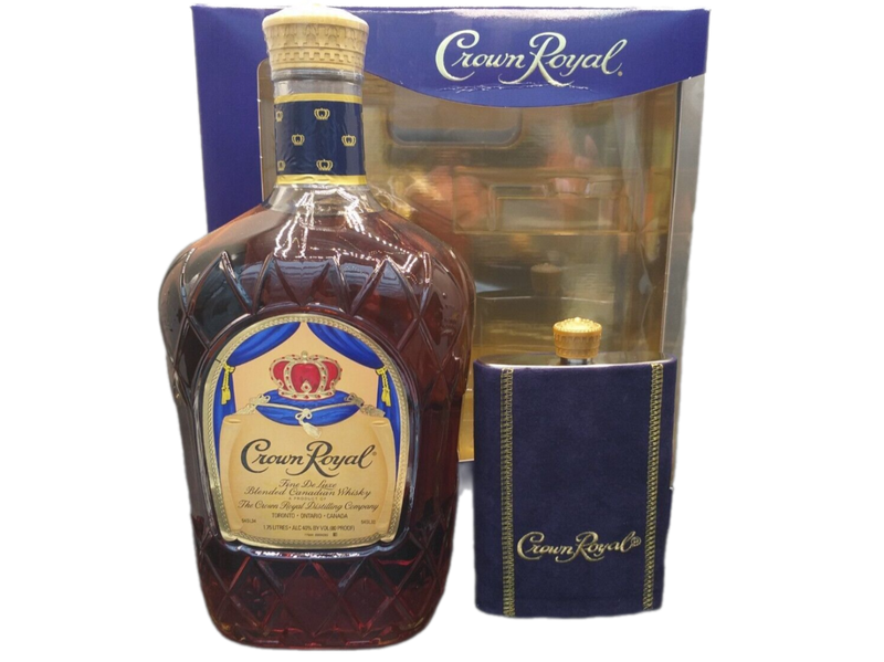 Crown Royal Fine de Luxe Blended Canadian Whisky 40% VOL. (1x1,75ltr.) Henkelflasche SET inkl. Flachmann mit Original-Lila-Samtbezug OVP