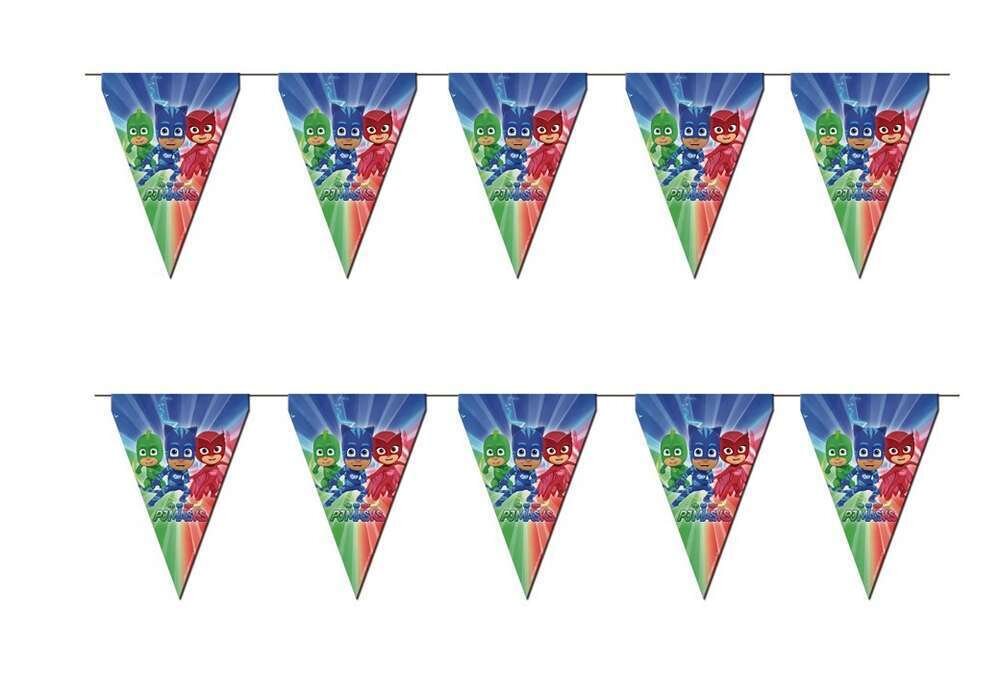 Banderines licencia oficial Pj Masks, 9 banderines, longitud 3mt, producto de carton con impresion de alta calidad