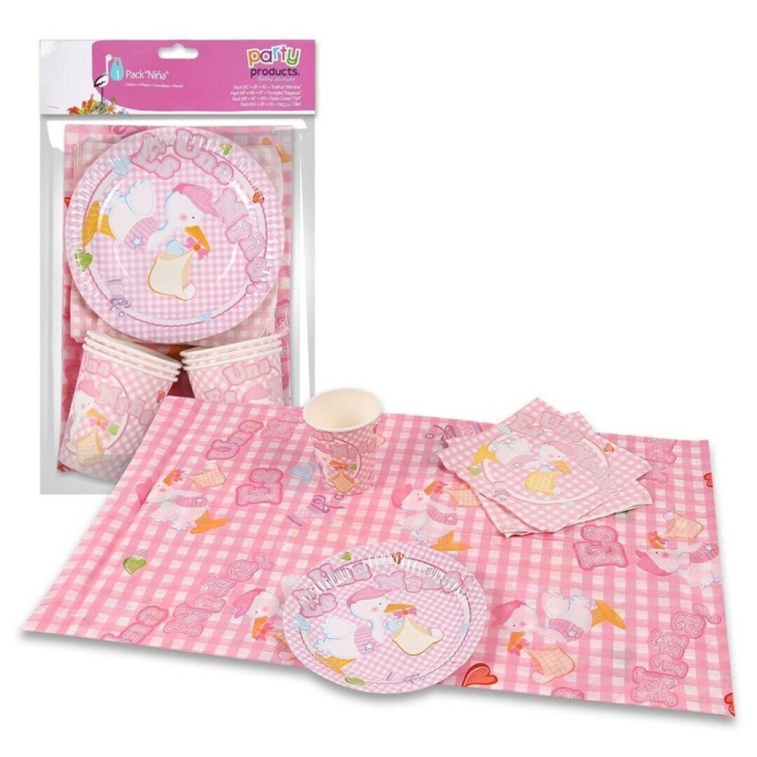 Pack fiesta "Es una Niña" contiene: mantel, servilletas, platos y vasos, ideal para fiesta de bienvenida del bebe