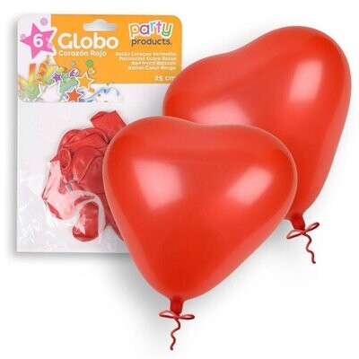 6 globos corazon rojo 25 CM, ideales para decorar fiestas