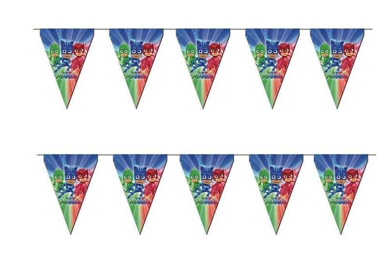 Banderines licencia oficial Pj Masks, 9 banderines, longitud 3mt, producto de carton con impresion de alta calidad