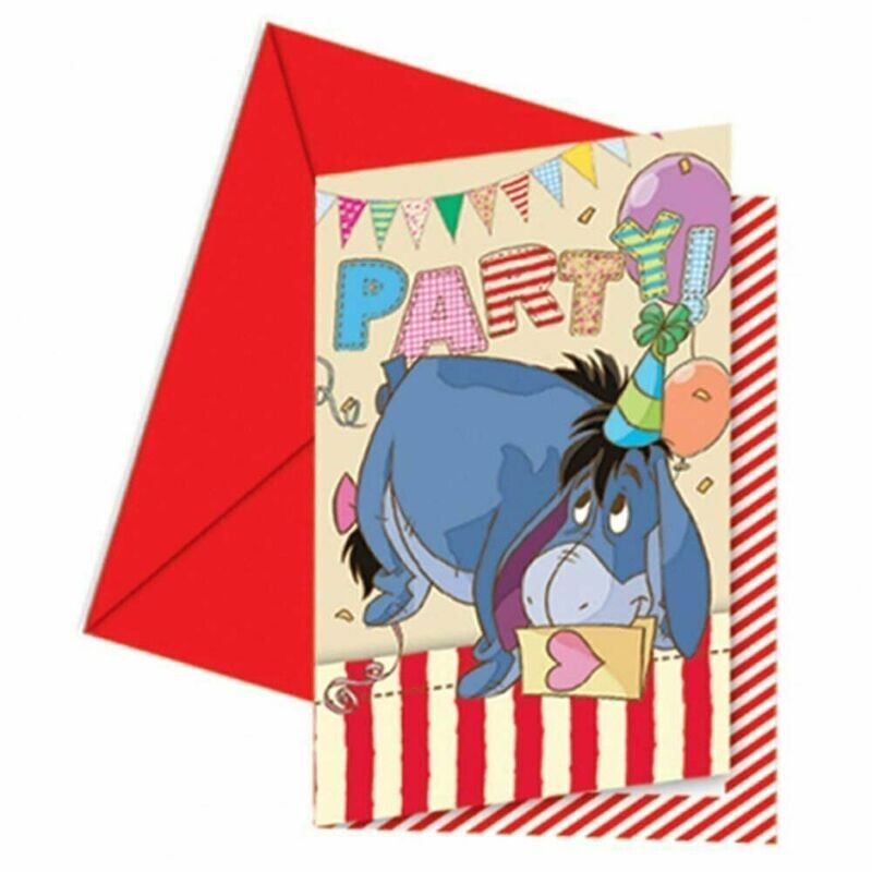 pack 6 invitaciones de la licencia oficial de disney Winnie the Pooh, producto de carton con sobres de papel, impresion de alta calidad