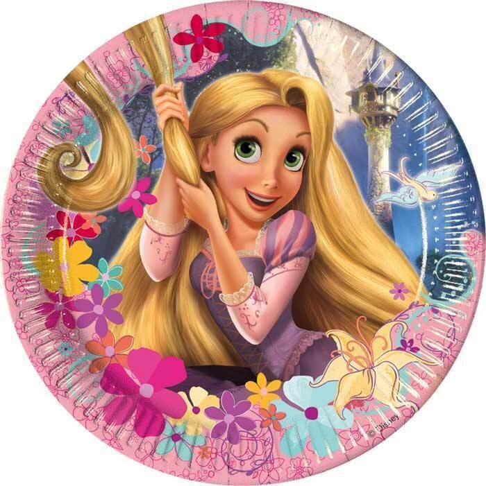 Pack 8 platos de cartón para fiestas, diametro 23cms, Disney Rapunzel, ideal fiestas de cumpleaños