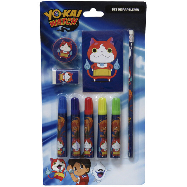 Set papeleria 9pzs licencia oficial Yo kai watch, blister con libreta, lapiz, sacapuntas, goma de borrar y 5 rotuladores