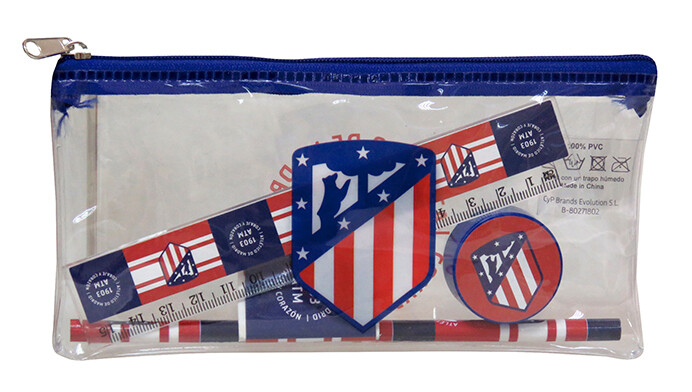Set portatodo 5pzs atletico de madrid, portatodo, lapiz, regla, sacapuntas y goma de borrar.
