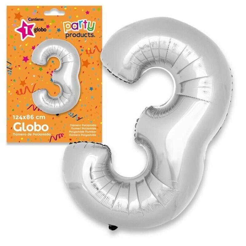 Globo metalizado xl plateado No. 3, 124x86cm