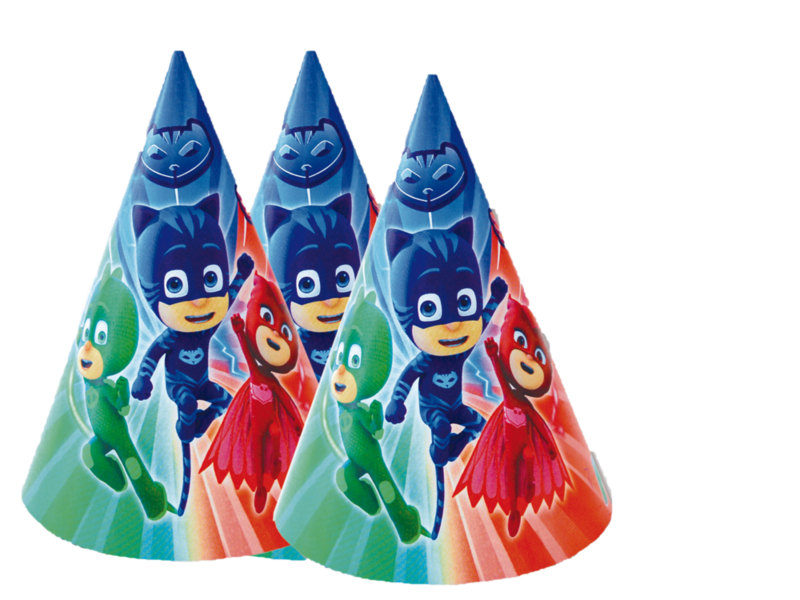 Pack 6 sombreros de la licencia oficial pj masks, producto de carton con cintas elasticas, impresion de alta calidad