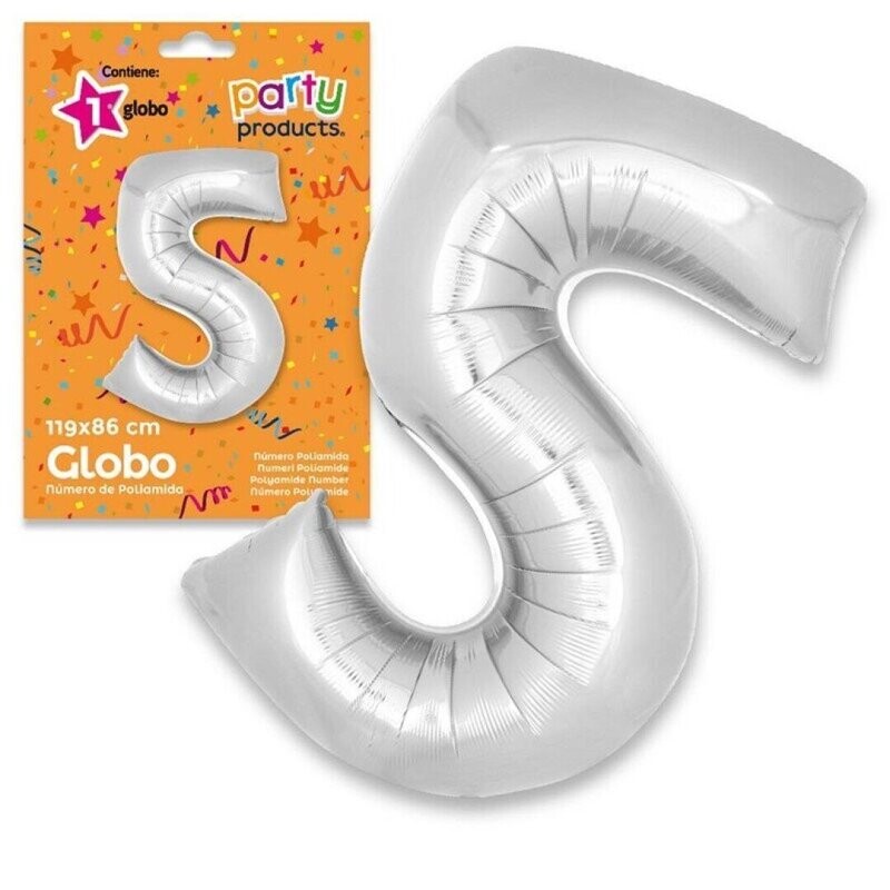 Globo metalizado xl plateado No. 5, 119x86cm