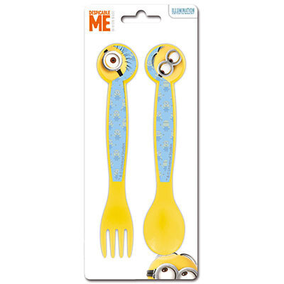 Set 2 cubiertos licencia oficial Minions, compuesto por tenedor y cuchara, producto de plastico libre de BPA
