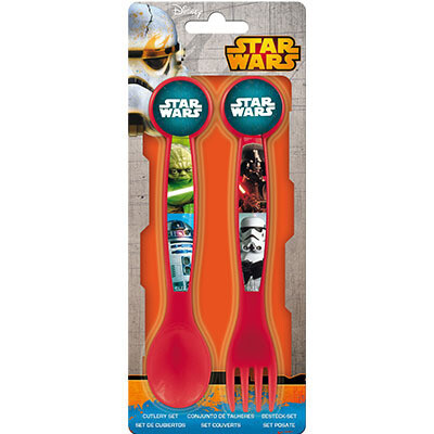 Set 2 cubiertos licencia oficial Star Wars, compuesto por tenedor y cuchara, producto de plastico libre de BPA