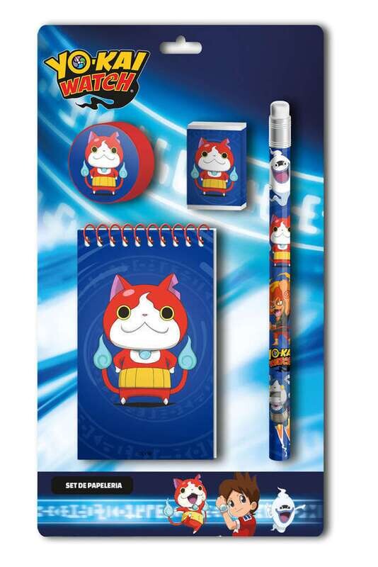 Set papeleria 4pzs de la licencia oficial Yo Kai watch, contiene: libreta, lapiz, sacapuntas y goma de borrar