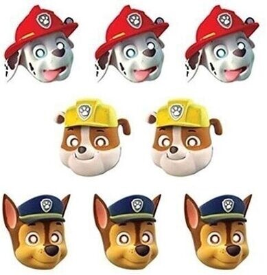 Pack de 8 caretas infantiles para fiestas y cumpleaños paw patrol Patrulla canina, producto de cartón con bandas elasticas