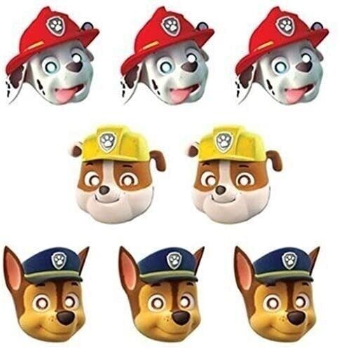 Pack de 8 caretas infantiles para fiestas y cumpleaños paw patrol Patrulla canina, producto de cartón con bandas elasticas