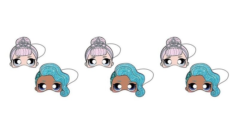 Paquete de 6 caretas lol surprise, producto de cartón con bandas elasticas