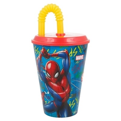 vaso con caña Spiderman, 430ml, producto de plastico libre de BPA