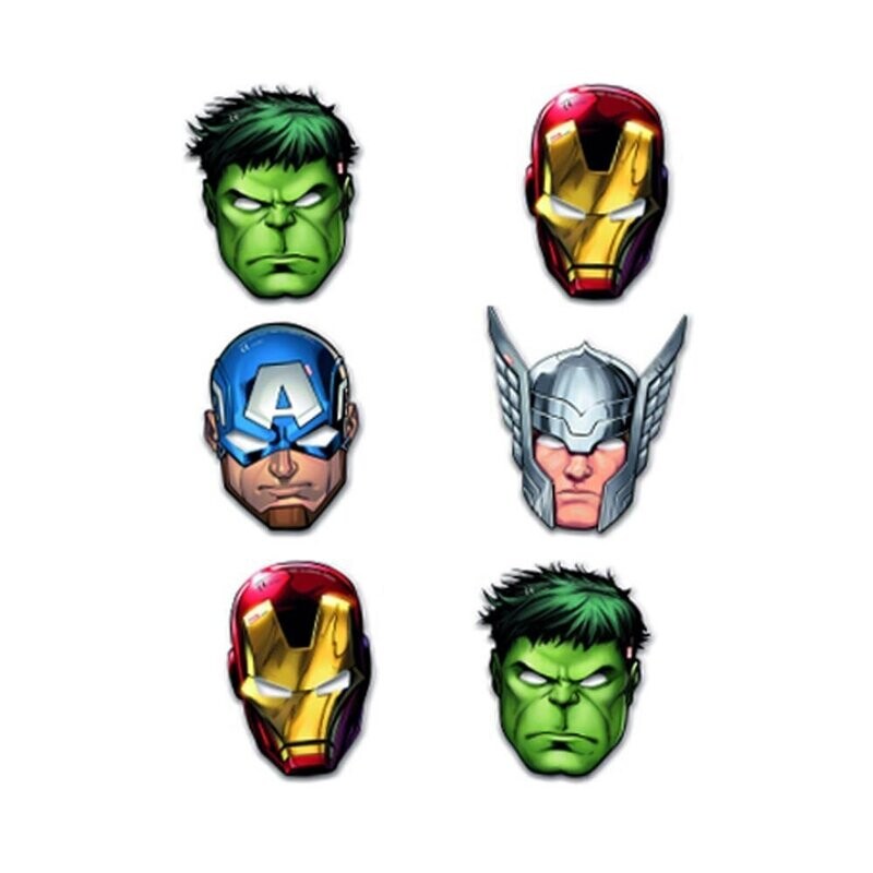 Pack de 6 caretas de carton Los Vengadores, Avengers, producto de cartón con bandas elasticas