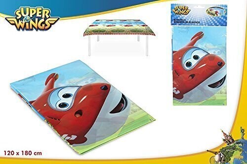 mantel fiesta de la licencia oficial Super Wings, dimensiones 120x180cm, producto de plastico ideal para cumpleaños