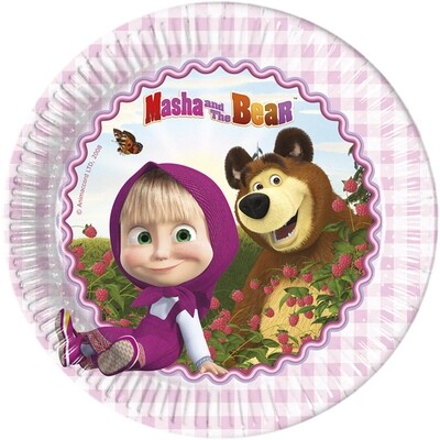 Pack 8 platos de cartón para fiesta, 23cm, diseño Masha y el oso, ideal fiestas de cumpleaños