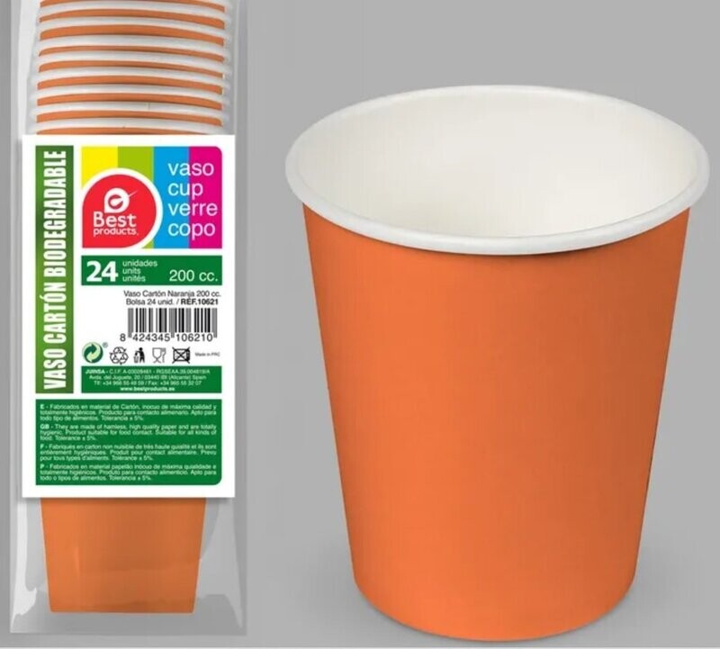Pack 24 vasos de cartón para fiestas, capacidad: 200ml, color Naranja, complemento para cualquier ocasión