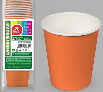 Pack 24 vasos de cartón para fiestas, capacidad: 200ml, color Naranja, complemento para cualquier ocasión