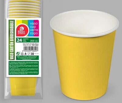 Pack 24 vasos de cartón para fiestas, capacidad: 200ml, color Amarillo, complemento para cualquier ocasión