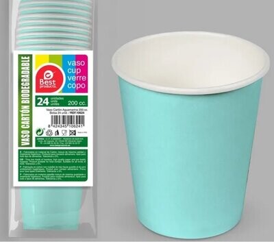 Pack 24 vasos de cartón para fiestas, capacidad: 200ml, color Aquamarina, complemento para cualquier ocasión