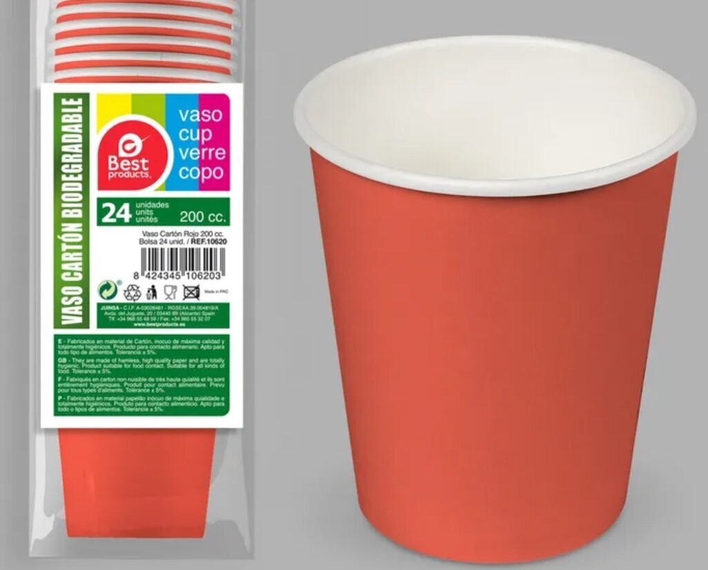 Pack 24 vasos de cartón para fiestas, capacidad: 200ml, color Rojo burdeos,  complemento para cualquier ocasión