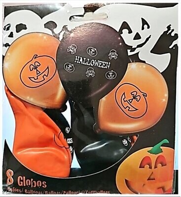 8 globos diseño Halloween, 2 colores, ideales para decorar fiestas