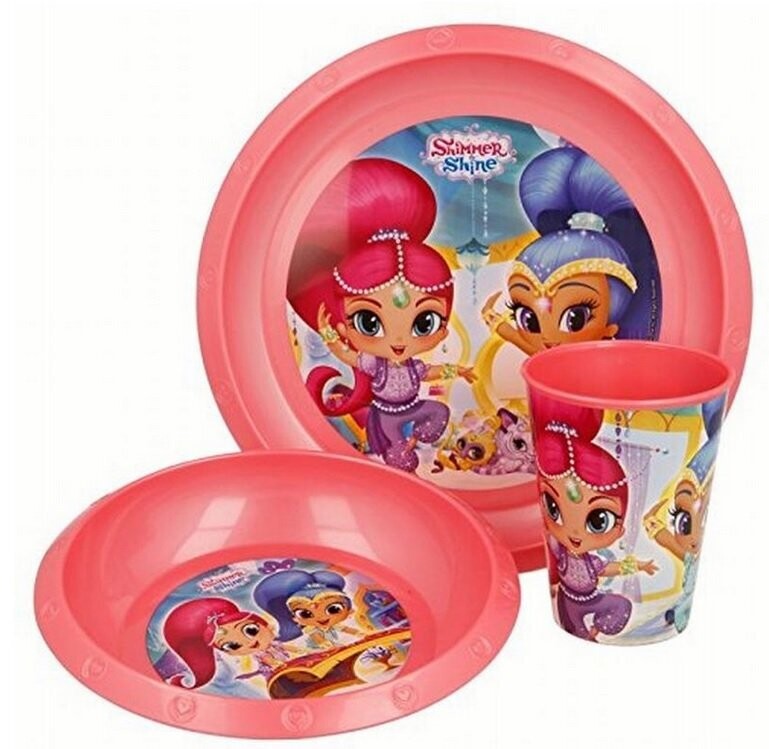 vajilla 3 piezas de la licencia oficial Shimmer and shine, contiene plato, cueco y vaso