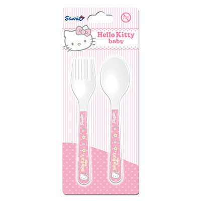 Set 2 cubiertos licencia oficial Hello Kitty, compuesto por tenedor y cuchara, producto de plastico libre de BPA