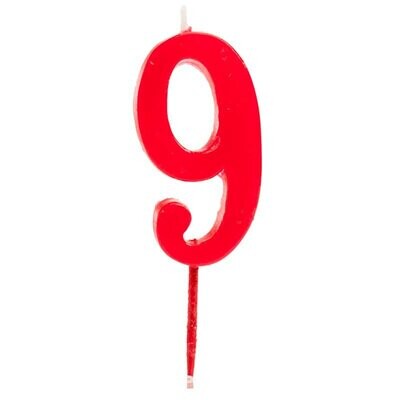 Vela cumpleaños número 9 roja, medidas: 8x50x25 mm.