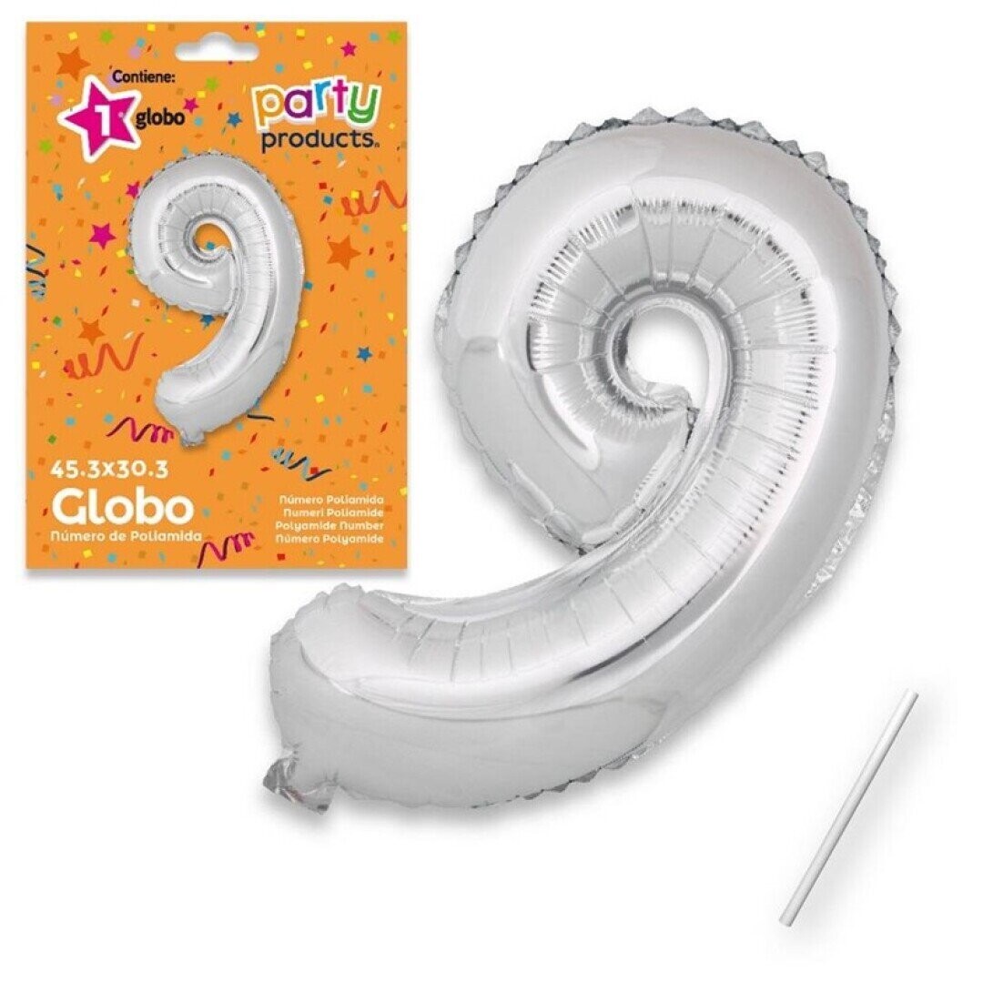 Globo Nº9 poliamida metalizado color plata + tubito
