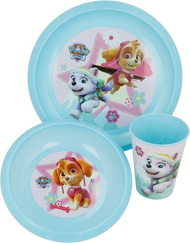 vajilla 3 piezas de la licencia oficial Patrulla Canina, diseño SKYE, contiene plato, cueco y vaso