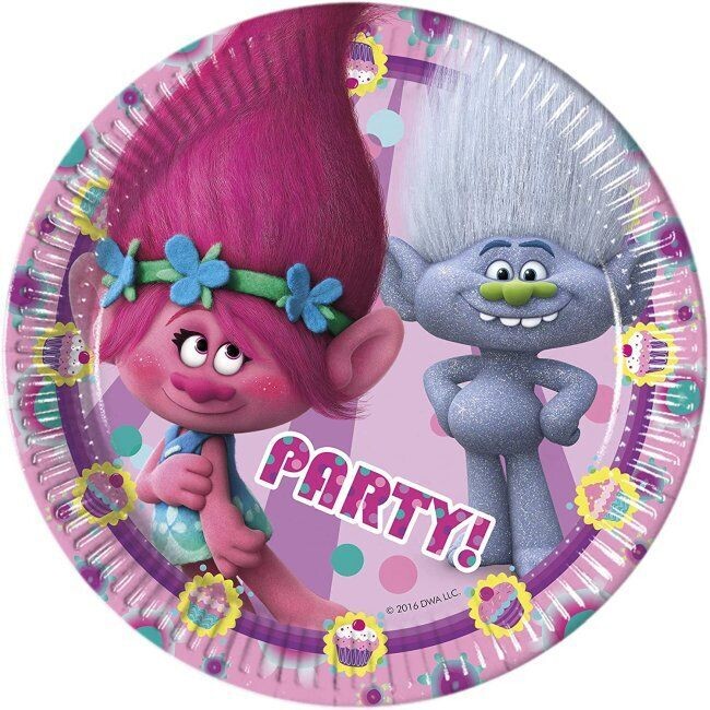 8 platos de cartón 20 cms trolls, ideal para cumpleaños