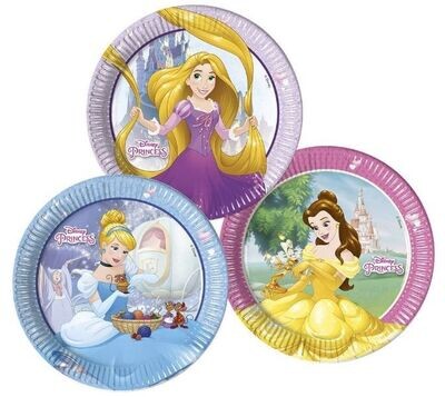 Pack de 8 platos de cartón para fiesta, de la licencia oficial Princesas, 3 diseños surtidos, Bella, Rapunzel y Cenicienta, diámetro 23cm