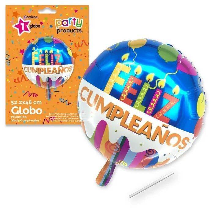 Globo Feliz Cumpleaños fondo azul de poliamida metalizado, dimensiones 52,20 X 46cm, con tubito para hinchar