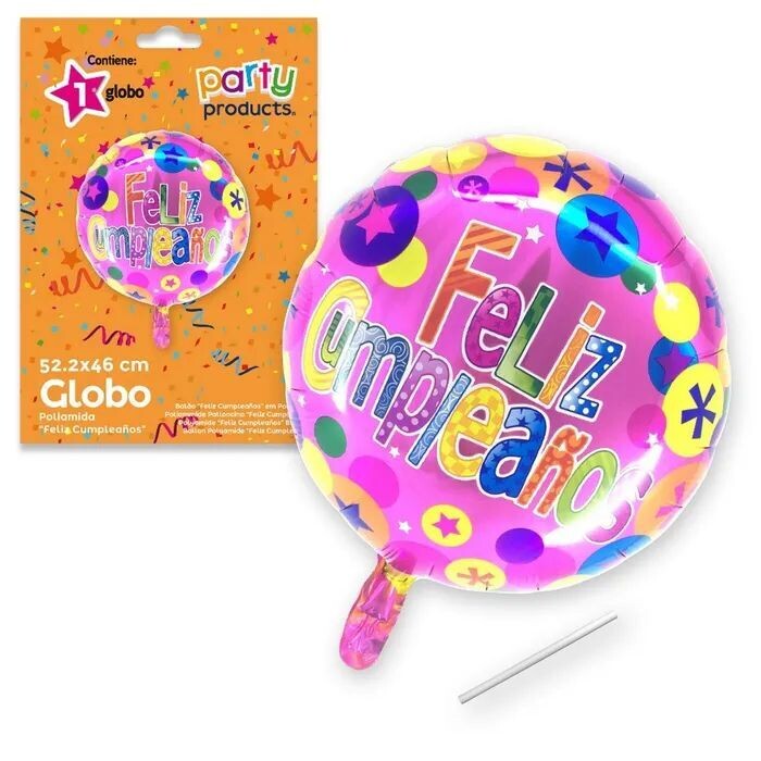Globo Feliz Cumpleaños fondo rosa de poliamida metalizado, dimensiones 52,20 X 46cm, con tubito para hinchar