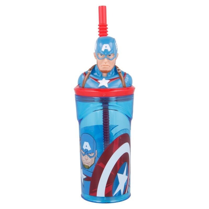 vaso con caña Figura 3D diseño Marvel, Capitan America, producto de plástico libre de BPA, licencia oficial