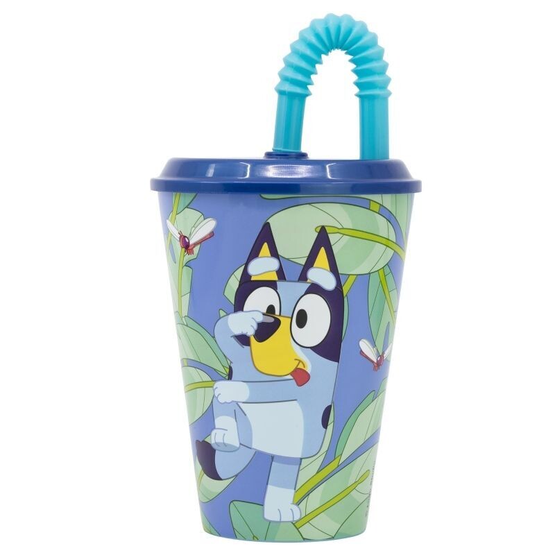 vaso con tapa y pajita de la licencia oficial Bluey, 430ml, vaso caña, producto de plastico libre de BPA