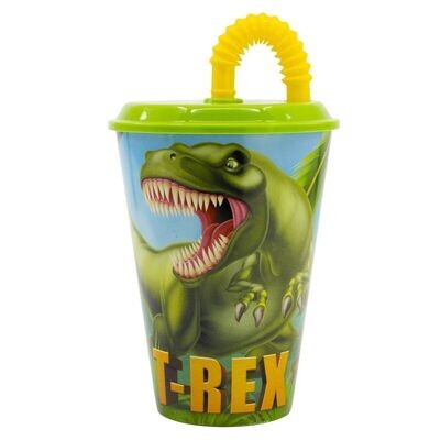 Vaso con tapa y pajita diseño Dinosaurios, vaso caña, producto de plastico libre de BPA