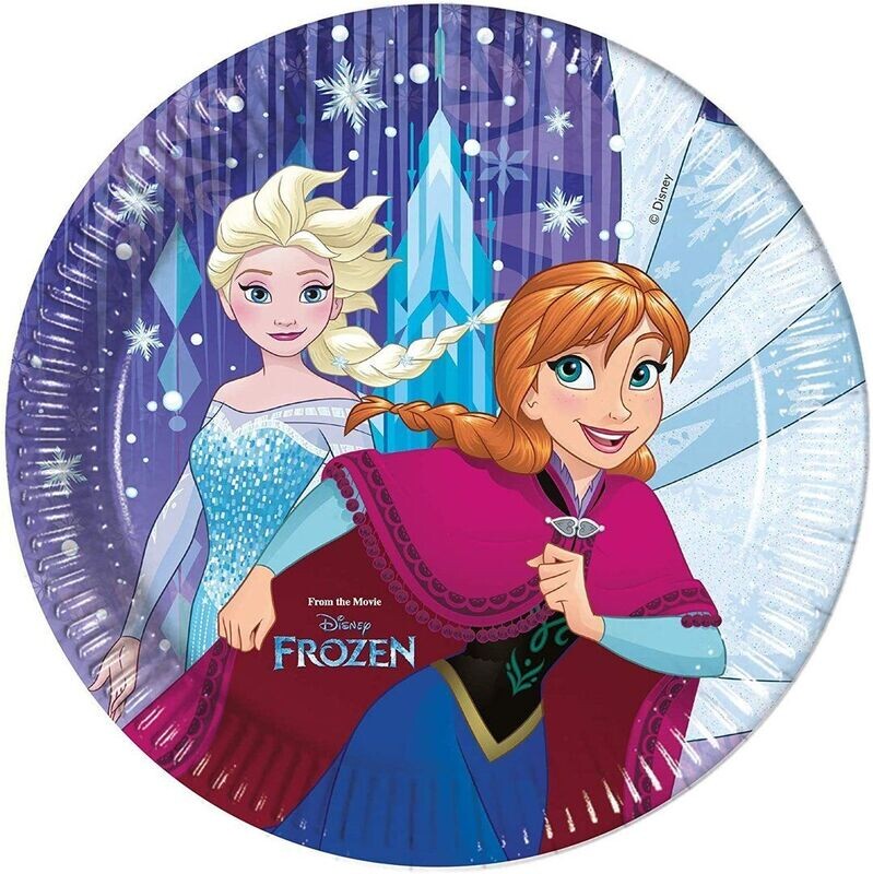 Pack 8 platos de cartón para fiesta, Disney Frozen reino de hielo, diámetro 23cm, ideal fiestas de cumpleaños