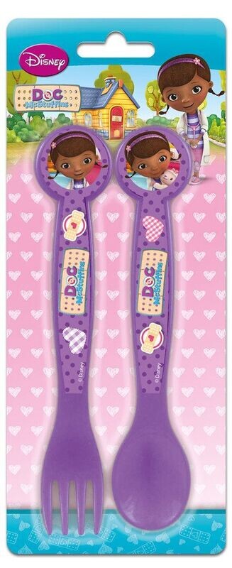 Set 2 cubiertos licencia oficial disney Doctora Juguetes, Doc McStuffins, compuesto por tenedor y cuchara