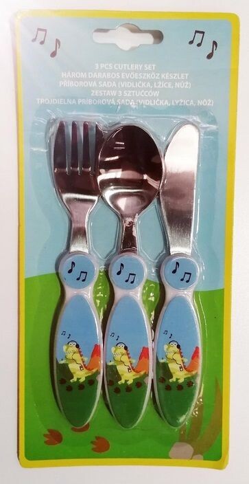 Pack 3 Cubiertos de metal diseño Dinosaurio, cuchara, cuchillo y tenedor, alta calidad