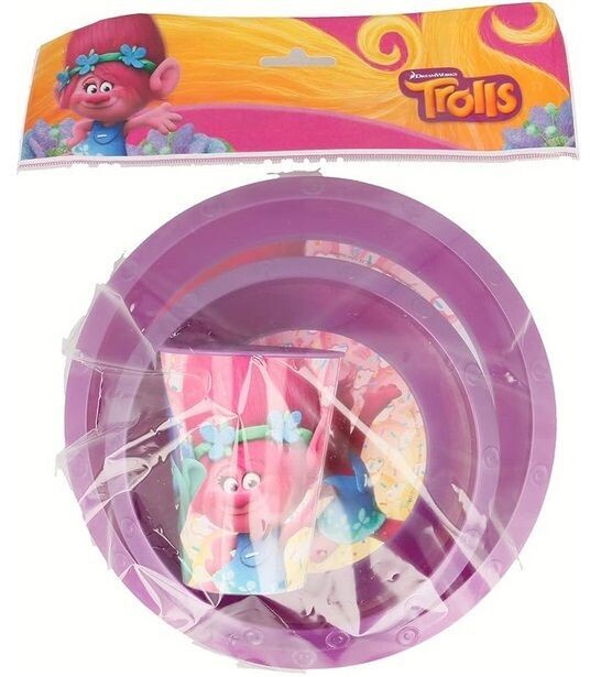 vajilla 3 piezas de la licencia oficial Trolls, contiene plato, cueco y vaso